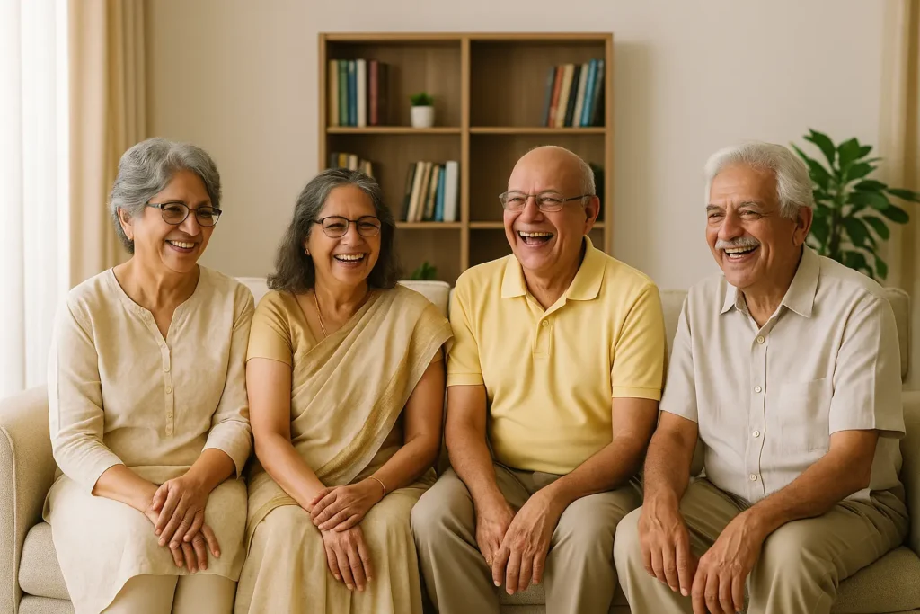 community meeting of four elders sitting and laughing