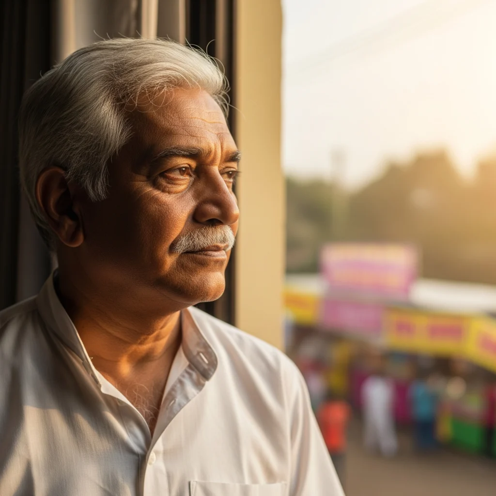 elder man alone gazing from window